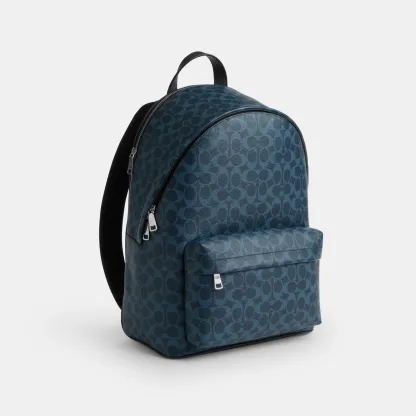 COACH®,Taylor Backpack In Signature Canvas,Leather,Canvas,Backpack,Logo,Suitcase Sleeve,Stain Resistant,Father's Day,Blue,Angle View