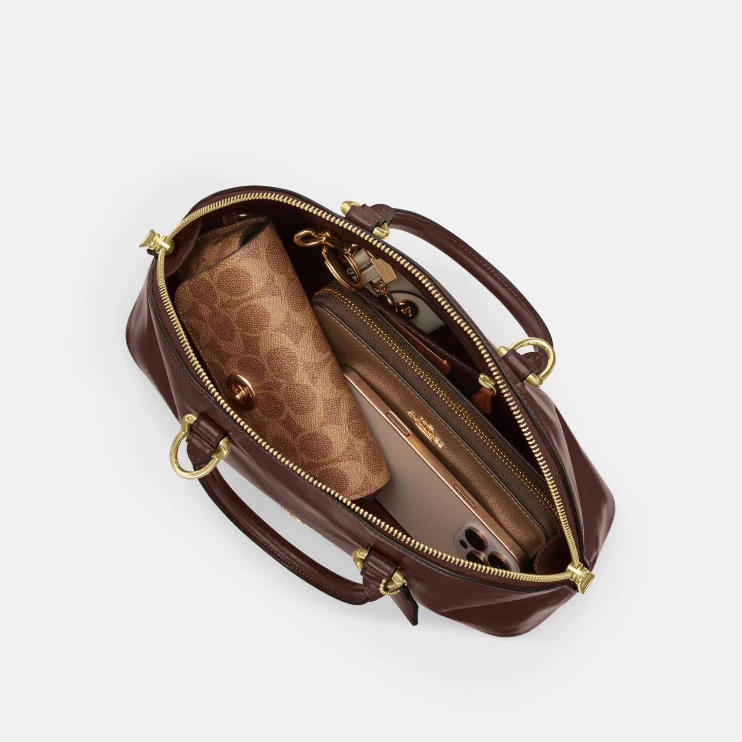 COACH®,Lara Satchel Bag,Recycled Polyester,Satchel,Logo,Metal,Casual,Brown,Inside View,Top View