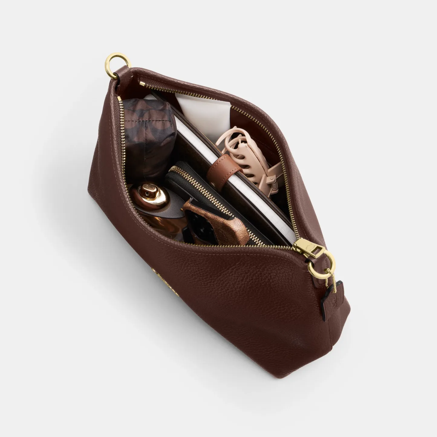 COACH®,Laurel Shoulder Bag,Leather,Hobo,Logo,Gold Metal,Casual,Brown,Inside View,Top View