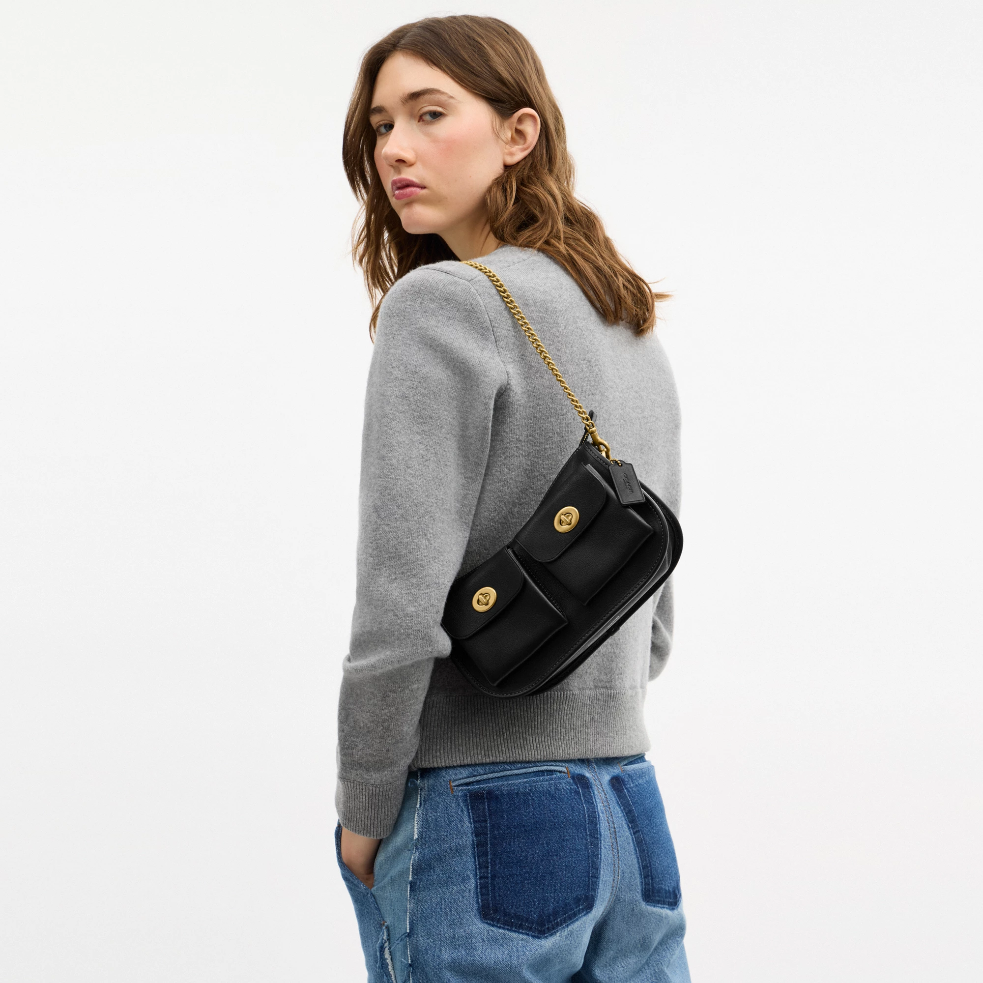 COACH®,Twin Turnlock Waverly Bag,Leather,Cotton,Shoulder Bag,Pendant,Compact,Gold Metal,Day Party,Black,Detail View