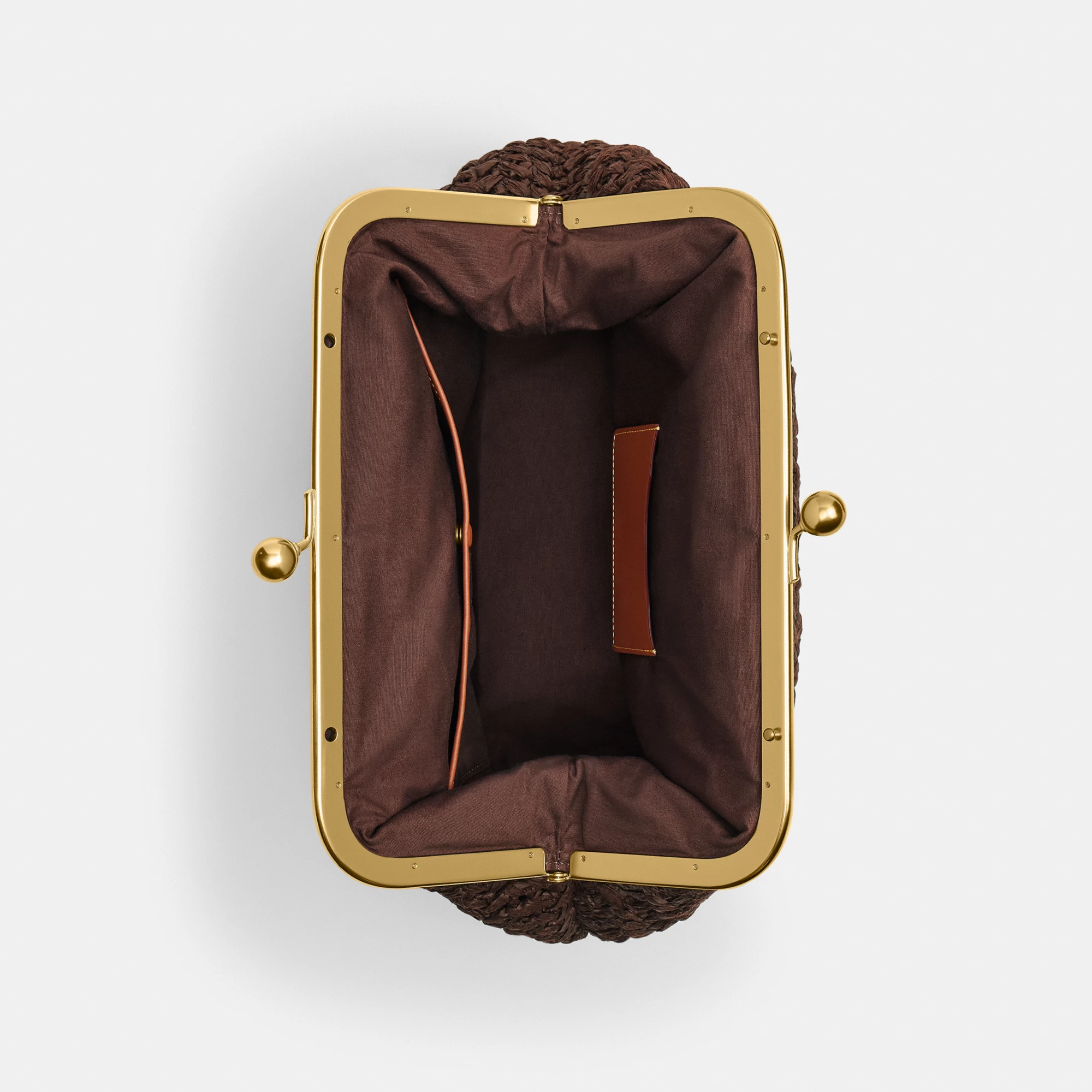 COACH®,Kisslock Frame Bag 27,Cotton,Calfskin Leather,Clutch,Metal Material,Straw,Pendant,Lined,Brass,Day Party,Brown,Inside View,Top View