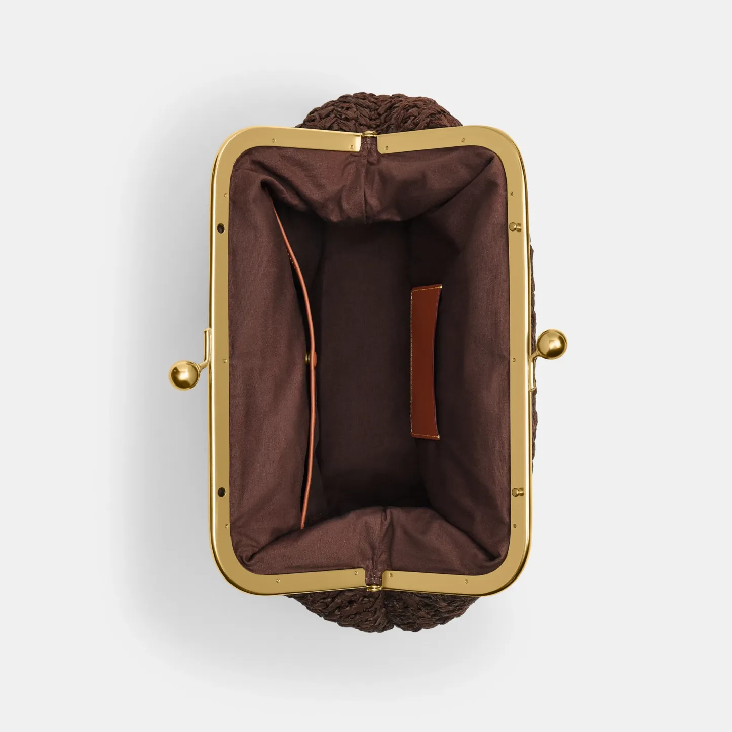 COACH®,Kisslock Frame Bag 27,Cotton,Calfskin Leather,Clutch,Metal Material,Straw,Pendant,Lined,Brass,Day Party,Brown,Inside View,Top View