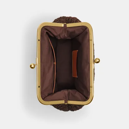 COACH®,Kisslock Frame Bag 27,Cotton,Calfskin Leather,Clutch,Metal Material,Straw,Pendant,Lined,Brass,Day Party,Brown,Inside View,Top View