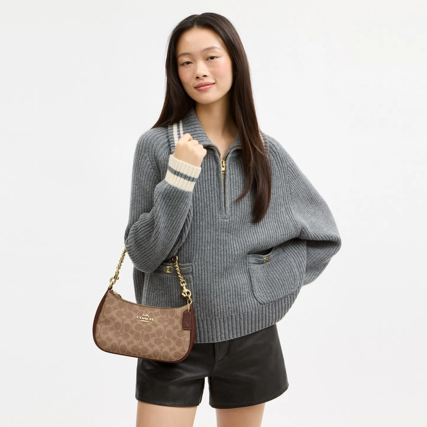 COACH®,Teri Shoulder Bag In Signature Canvas,Shoulder Bag,Logo,Tag Embellishment,Embossed,Metal,Casual,Brown,Detail View