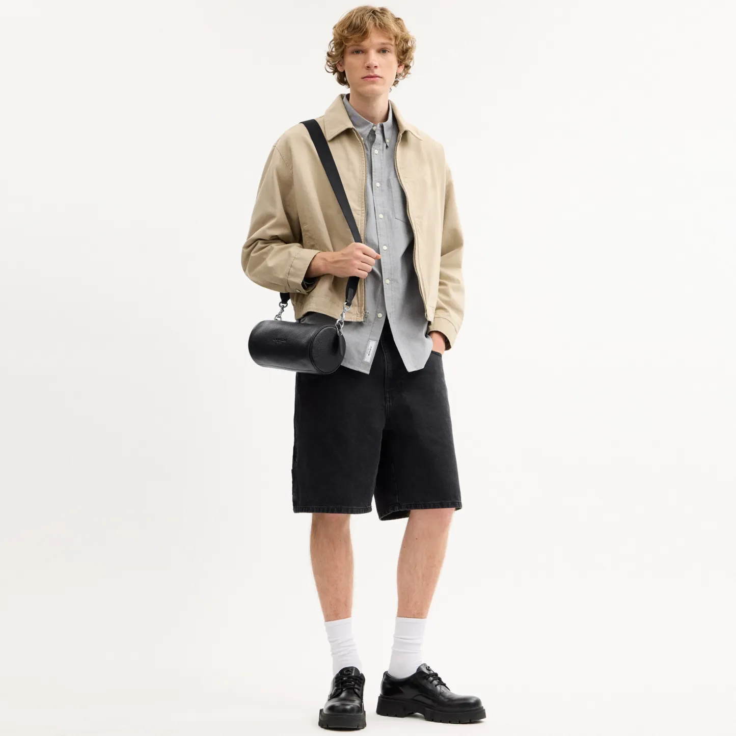 COACH®,Andre Barrel Bag 24,Recycled Polyester,Leather,Barrel Bag,Logo,Adjustable,Sustainable,Silver Metal,Casual,Black,Detail View
