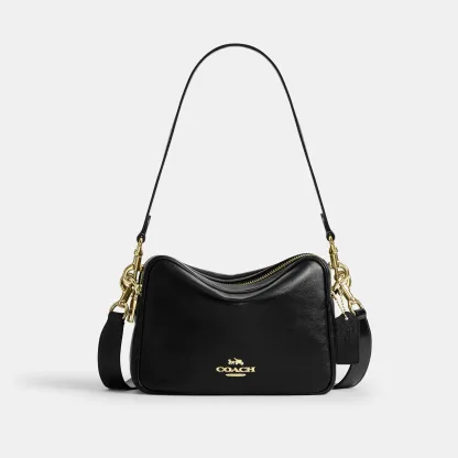 COACH®,Carey Crossbody Bag,Recycled Polyester,Leather,Camera Bag,Metal,Logo,Adjustable,Lined,Gold Metal,Casual,Black,Front View