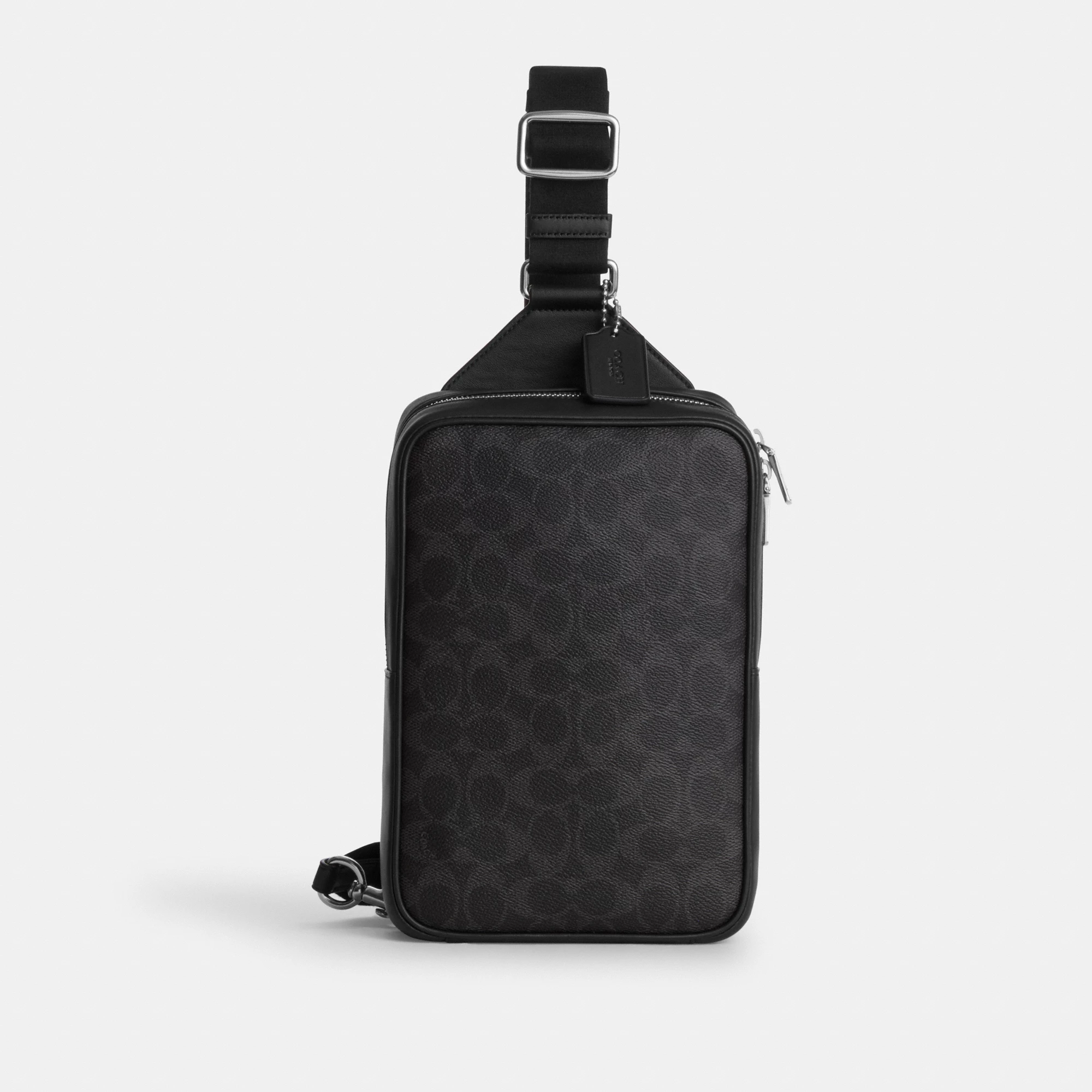 COACH®,Ray Pack 17 In Signature Canvas,Leather,Recycled Polyester,Canvas,Crossbody,Adjustable,Sustainable,Silver Metal,Casual,Black,Front View