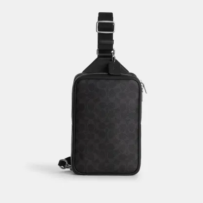 COACH®,Ray Pack 17 In Signature Canvas,Leather,Recycled Polyester,Canvas,Crossbody,Adjustable,Sustainable,Silver Metal,Casual,Black,Front View