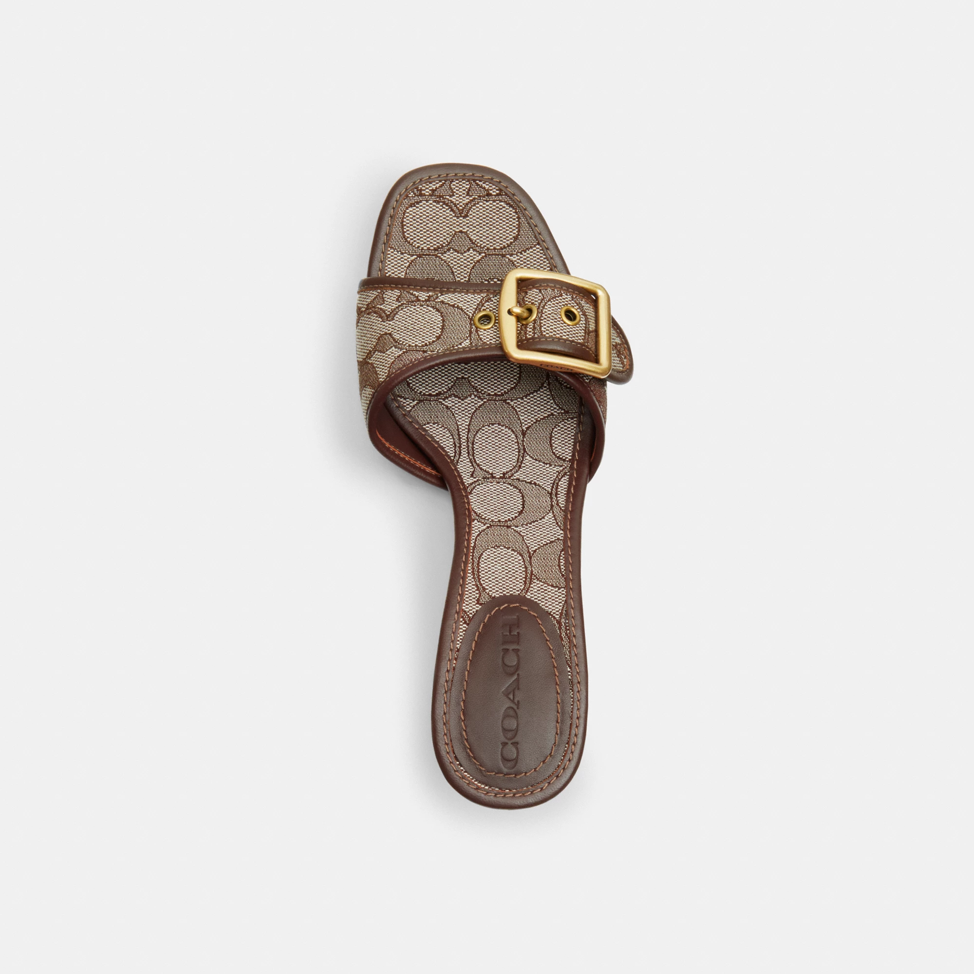 COACH®,Margot Sandal In Signature Jacquard,Recycled Cotton,Recycled Polyester,Leather,Slides,Fabric,Piping,Logo,Sustainabl...,Brown,Inside View,Top View