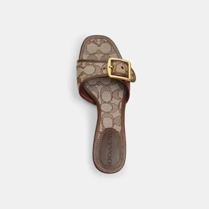 COACH®,Margot Sandal In Signature Jacquard,Recycled Cotton,Recycled Polyester,Leather,Slides,Fabric,Piping,Logo,Sustainabl...,Brown,Inside View,Top View