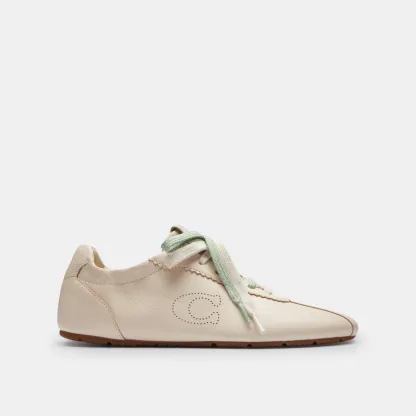 COACH®,Soft Sneaker,Rubber,Leather,Casual,Low Top,Fabric,Perforated,Logo,Pull Tab,Casual,Cream,Angle View