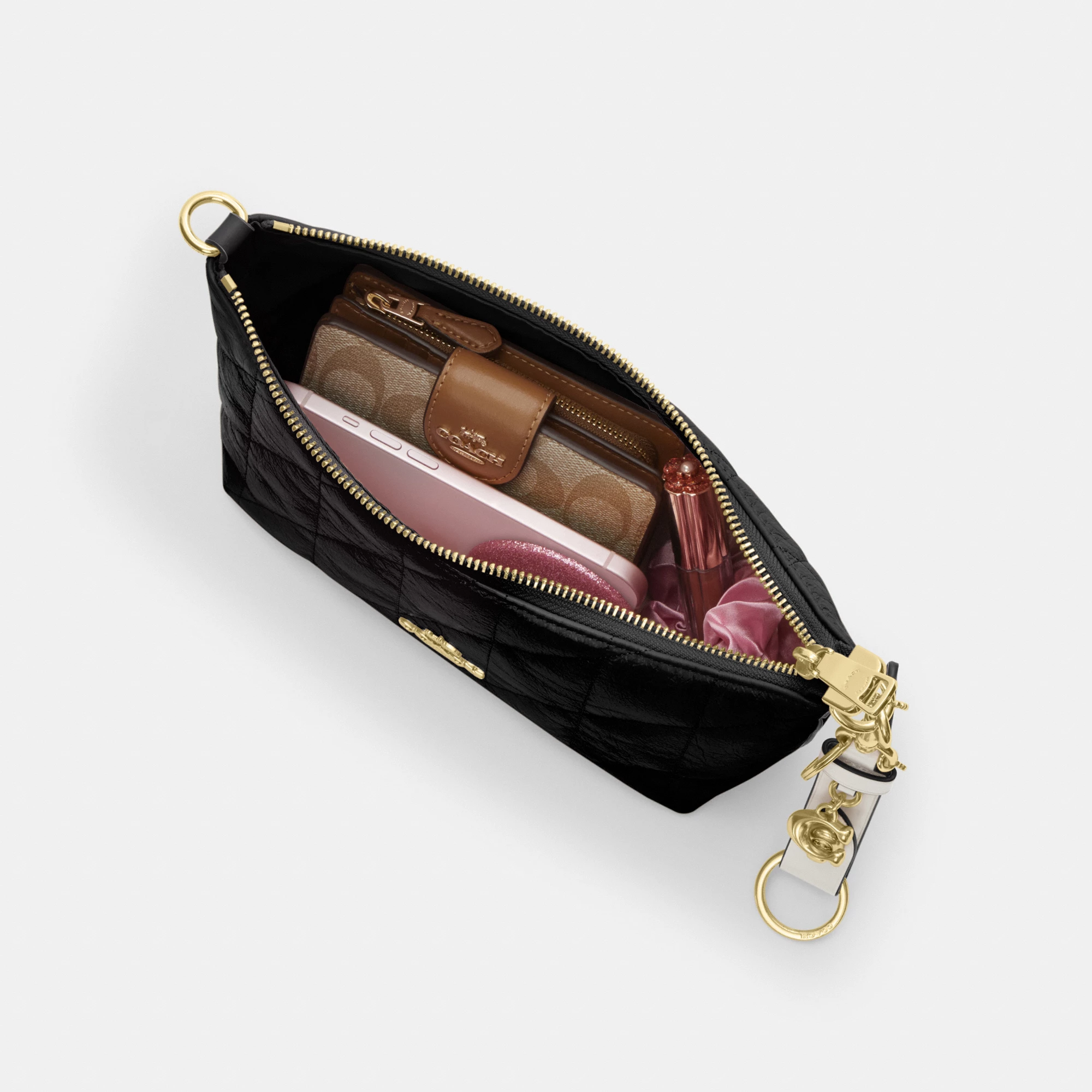 COACH®,Caitlin Shoulder Bag With Quilting,Lining Recycled Polyester,Recycled Polyester,Shoulder Bag,Logo,Chain Detail,Shou...,Black,Inside View,Top View