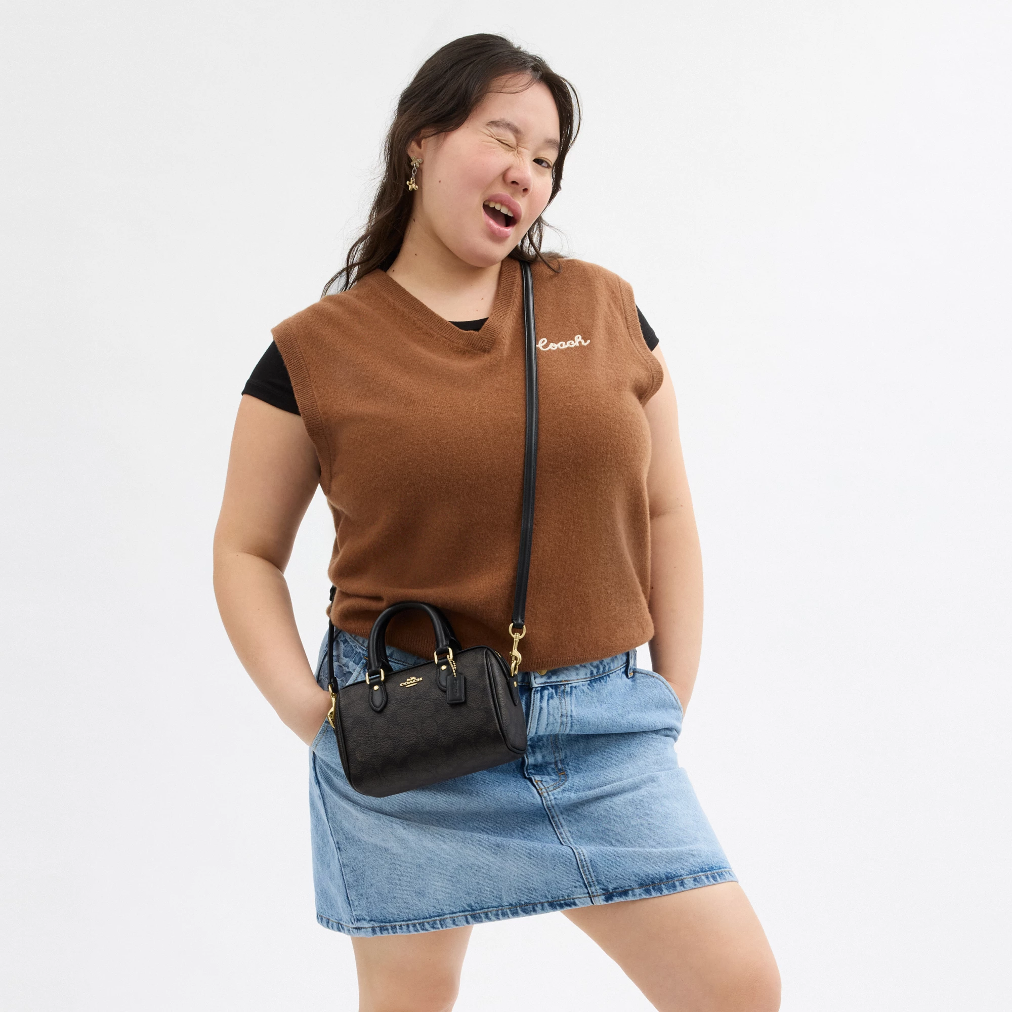 COACH®,Mini Rowan Crossbody Bag In Signature Canvas,Canvas,Recycled Polyester,Faux Leather,Metal,Logo,Casual,Black,Detail View