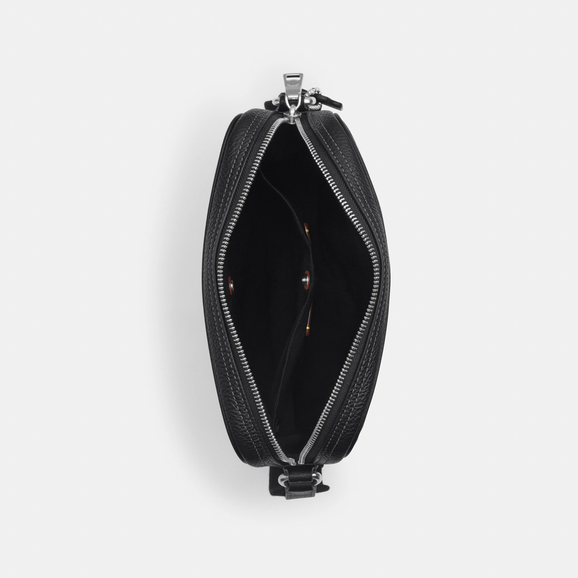 COACH®,Tristan Crossbody Bag 22,Leather,Recycled Polyester,Crossbody,Adjustable,Silver Metal,Casual,Black,Inside View,Top View