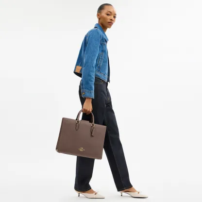 COACH®,Maggie Tote Bag,Leather,Tote,Logo,Embossed,Metal,Work,Brown,Detail View