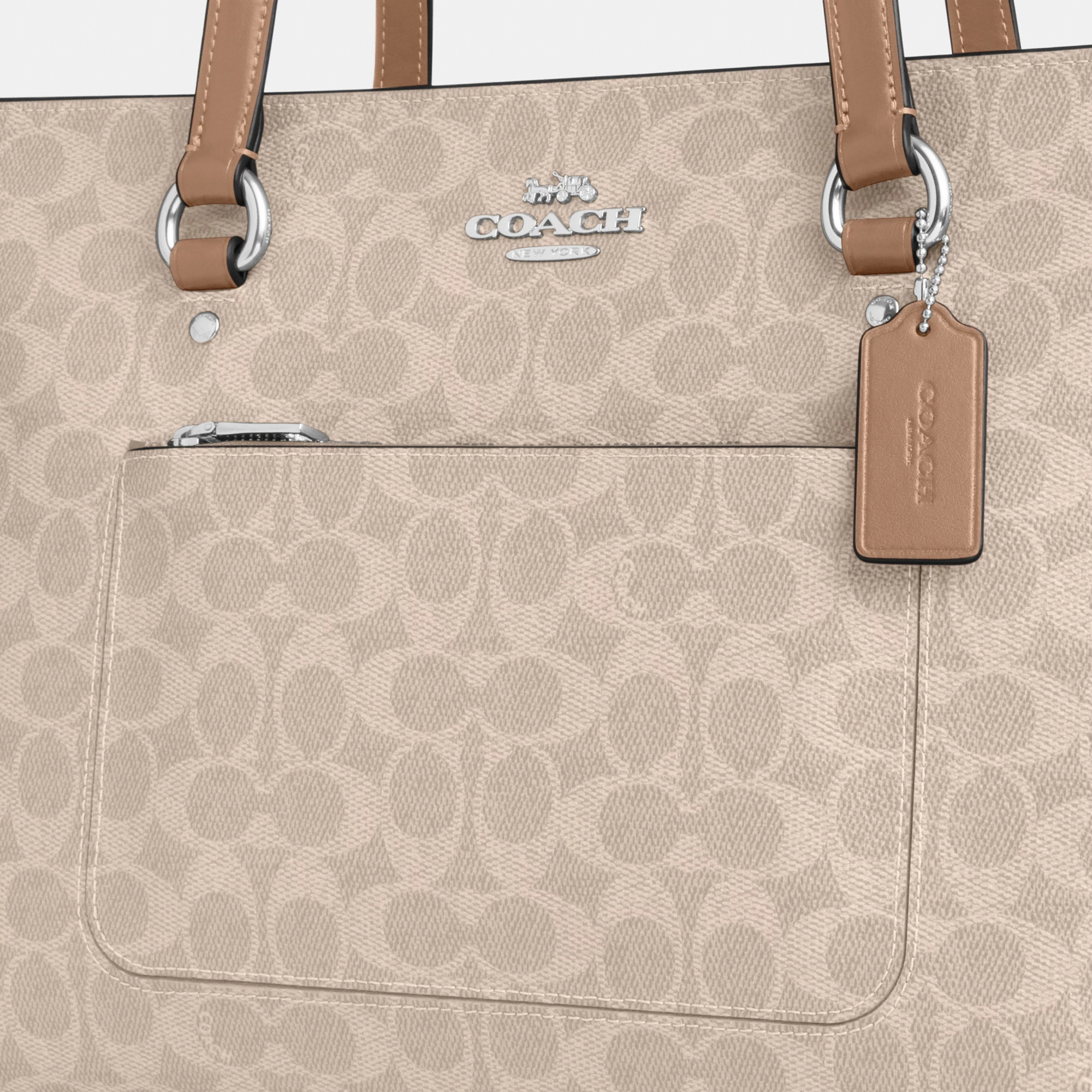 COACH®,Station Tote Bag In Signature Canvas,Canvas,Fabric,Mixed Media,Leather,Tote,Logo,Pattern,Luggage Tag,Lined,Silver M...,Multi Color,Closer View