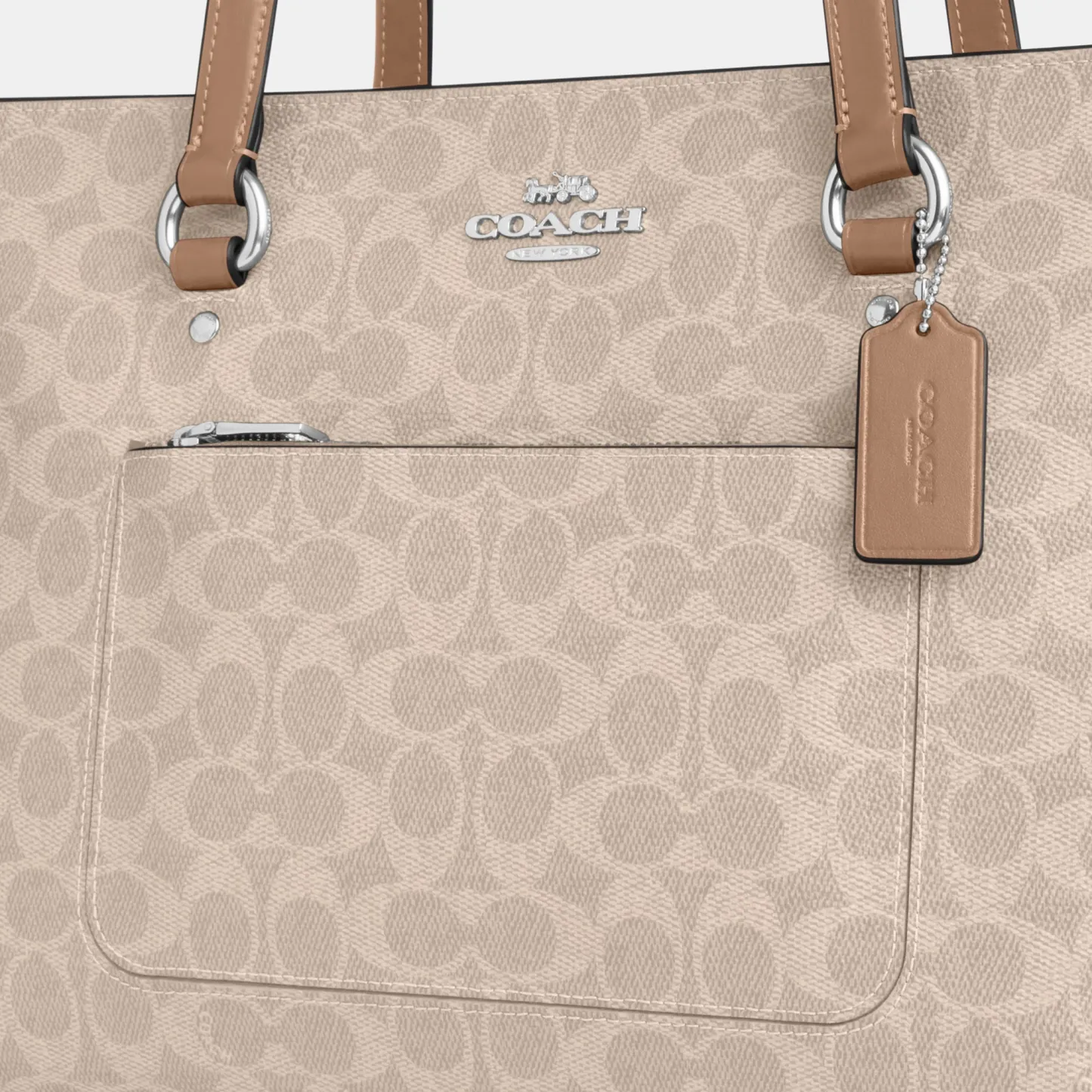 COACH®,Station Tote Bag In Signature Canvas,Canvas,Fabric,Mixed Media,Leather,Tote,Logo,Pattern,Luggage Tag,Lined,Silver M...,Multi Color,Closer View
