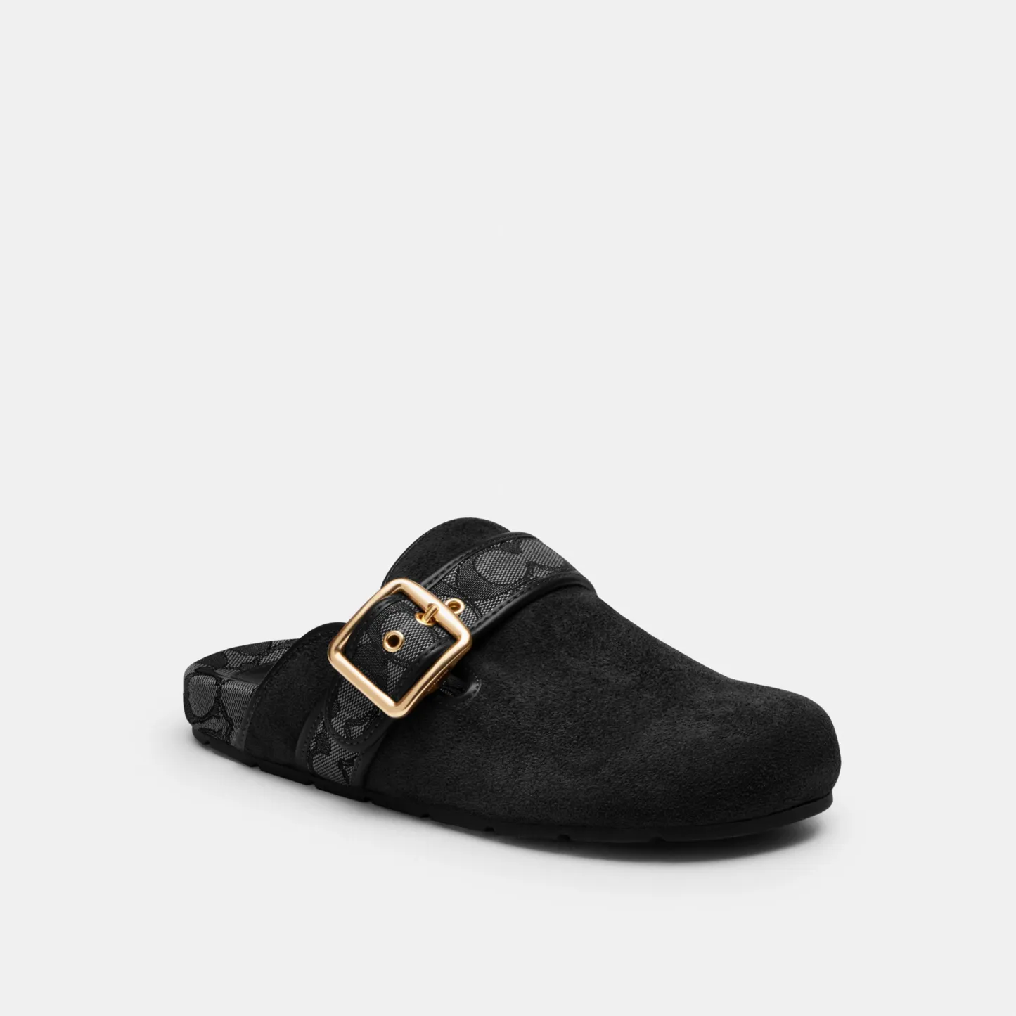 COACH®,Archival Buckle Clog,Rubber,Suede,Clogs,Fabric,Word Embellishment,Logo,Padded Insole,Sustainable,Traction,Cushioned...,Black,Front View