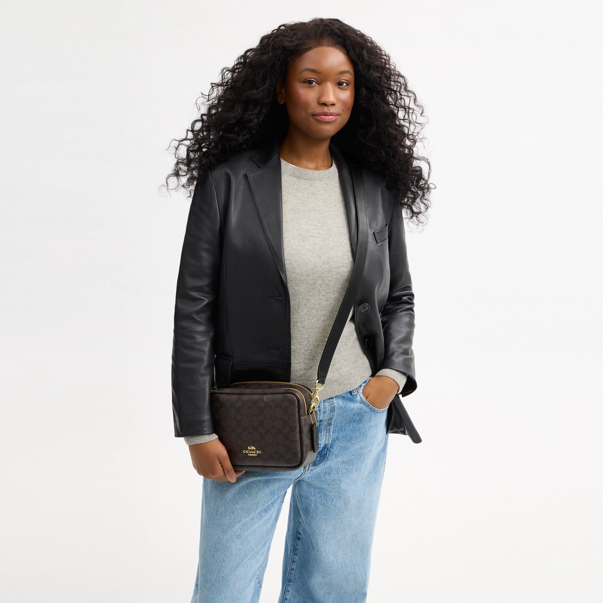 COACH®,Carey Crossbody Bag In Signature Canvas,Leather,Canvas,Recycled Polyester,Camera Bag,Metal,Logo,Sustainable,Gold Pl...,Brown