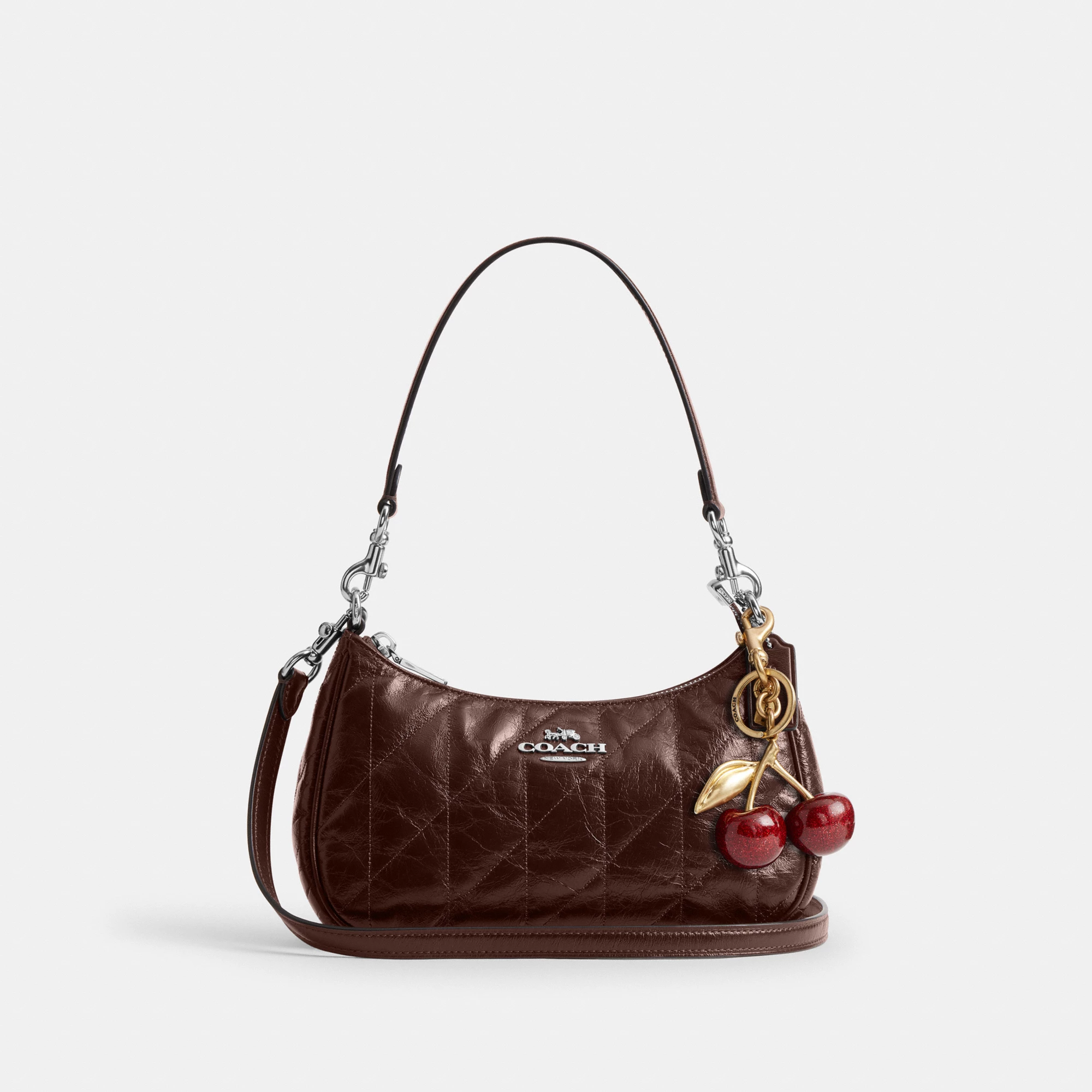 COACH®,Teri Shoulder Bag With Quilting,Recycled Polyester,Leather,Shoulder Bag,Metal,Logo,Silver Metal,Casual,Brown,Angle View