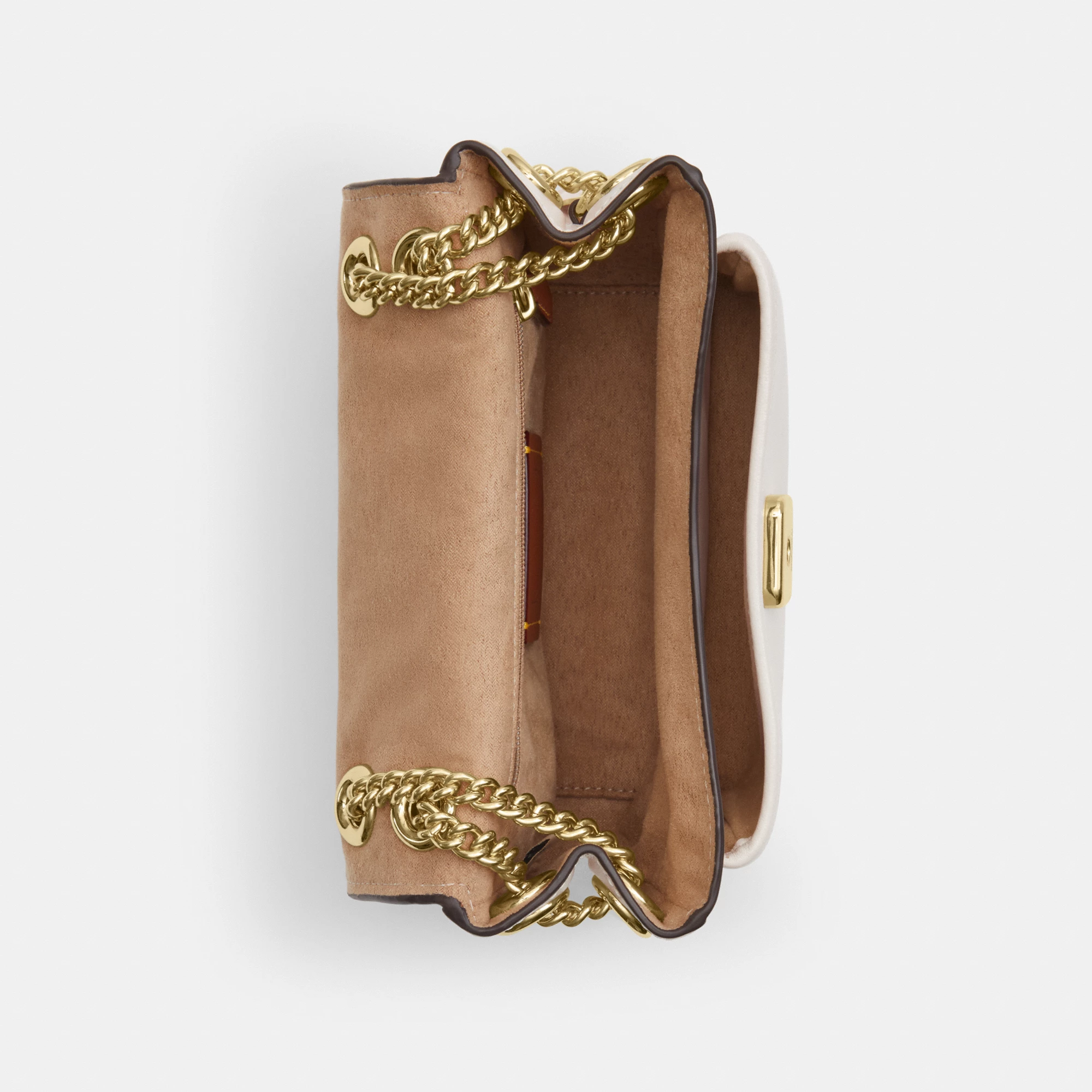 COACH®,Elodie Crossbody Bag 18,Leather,Recycled Polyester,Crossbody,Logo,Sustainable,Adjustable,Silver Metal,Casual,Cream,Inside View,Top View