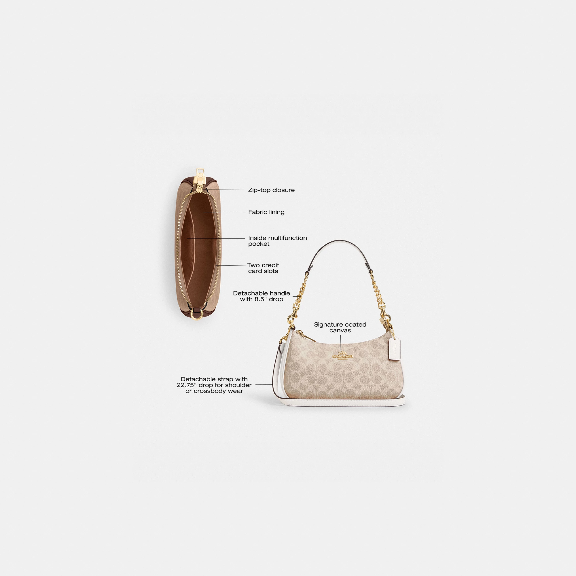 COACH®,Teri Shoulder Bag In Signature Canvas,Shoulder Bag,Logo,Tag Embellishment,Embossed,Metal,Casual,Beige