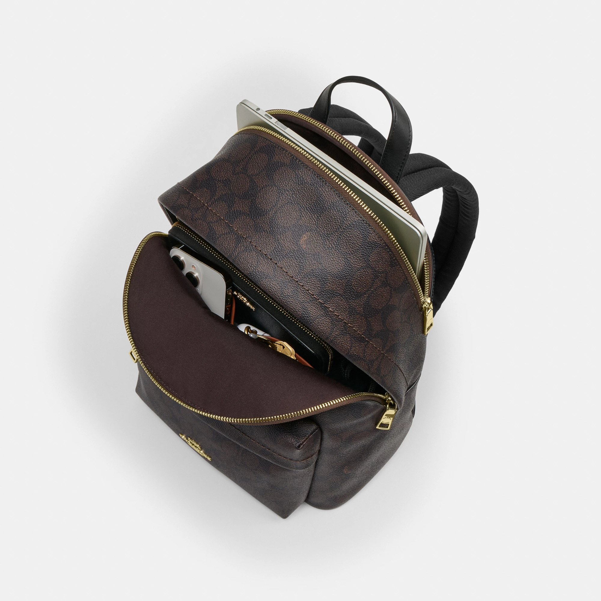 COACH®,Taylor Small Backpack In Signature Canvas,Recycled Polyester,Canvas,Backpack,Metal,Logo,Adjustable,Gold Metal,Casual,Black,Inside View,Top View
