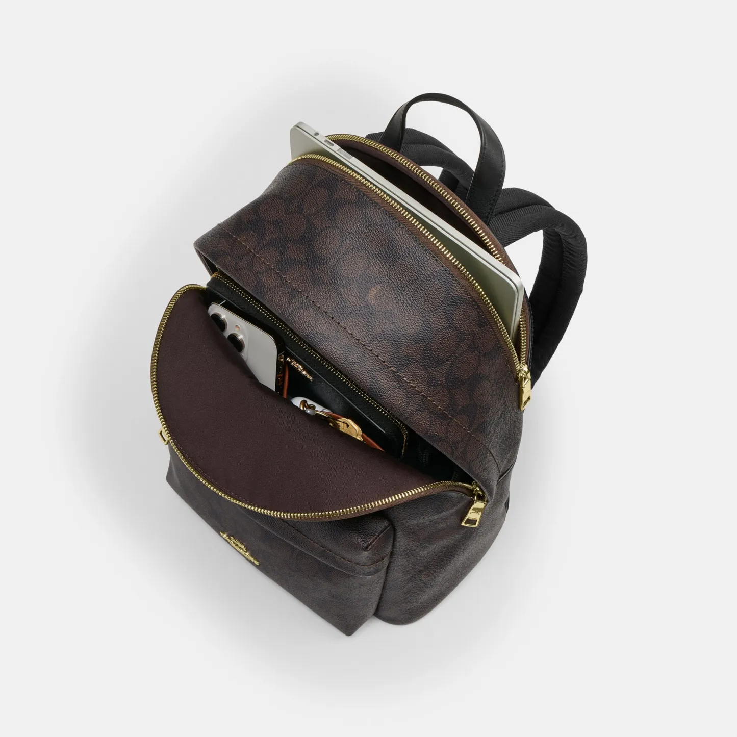 COACH®,Taylor Small Backpack In Signature Canvas,Recycled Polyester,Canvas,Backpack,Metal,Logo,Adjustable,Gold Metal,Casual,Black,Inside View,Top View