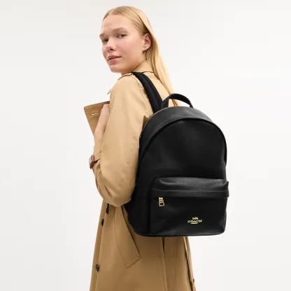 COACH®,Taylor Small Backpack,Recycled Polyester,Leather,Lining Recycled Polyester,Polyester,Backpack,Metal,Logo,Lined,Padd...,Black,Detail View
