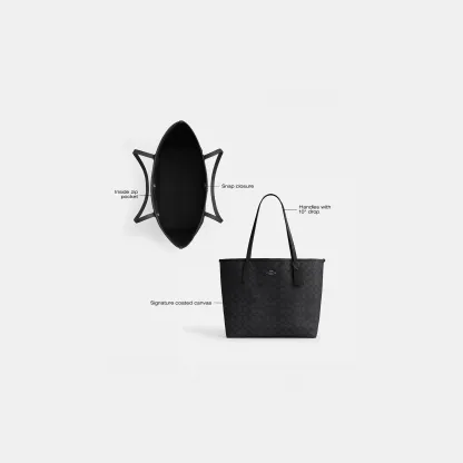 COACH®,City Tote Bag In Signature Canvas,Tote,Metal,Tag Embellishment,Color Block,Embossed,Piping,Logo,Casual,Black