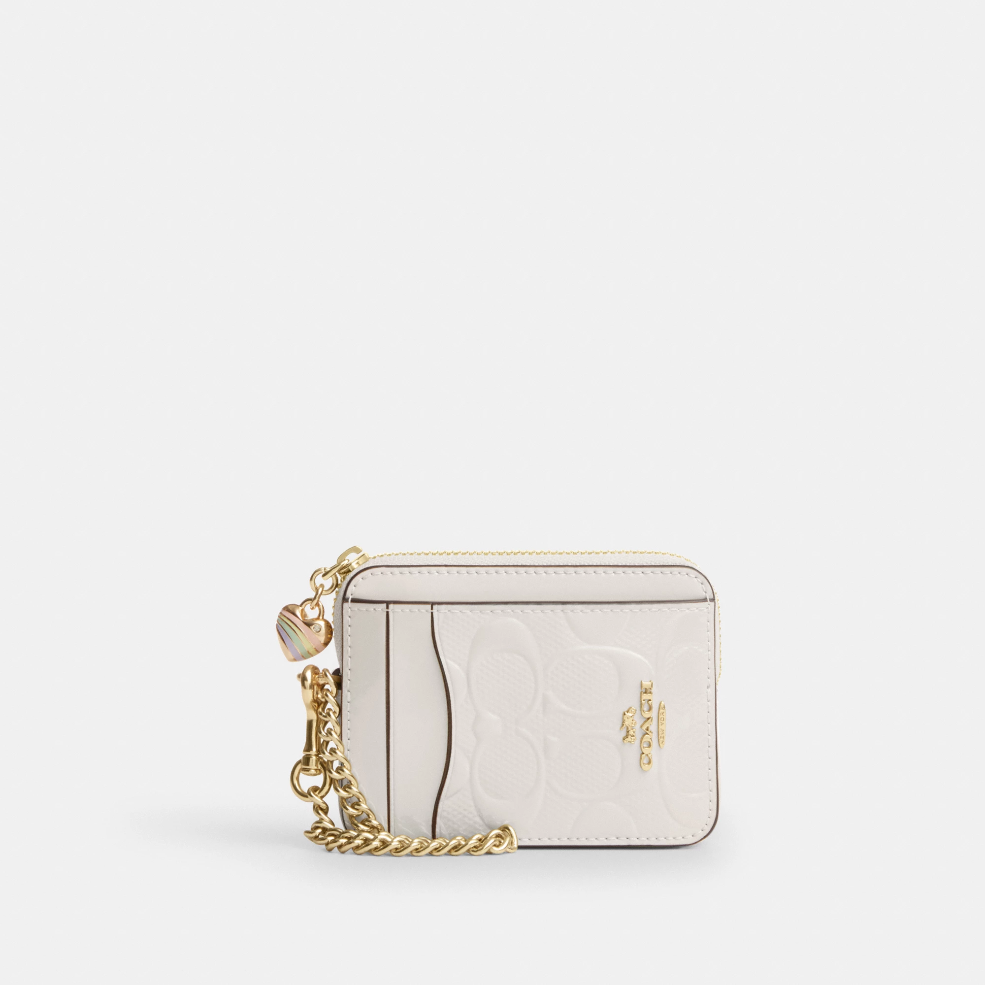 COACH®,Zip Card Case In Signature Leather With Heart Charm,Leather,Card Case,Coin,Chain Detail,Embossed,Logo,Casual,Cream,Front View