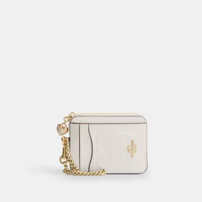 COACH®,Zip Card Case In Signature Leather With Heart Charm,Leather,Card Case,Coin,Chain Detail,Embossed,Logo,Casual,Cream,Front View