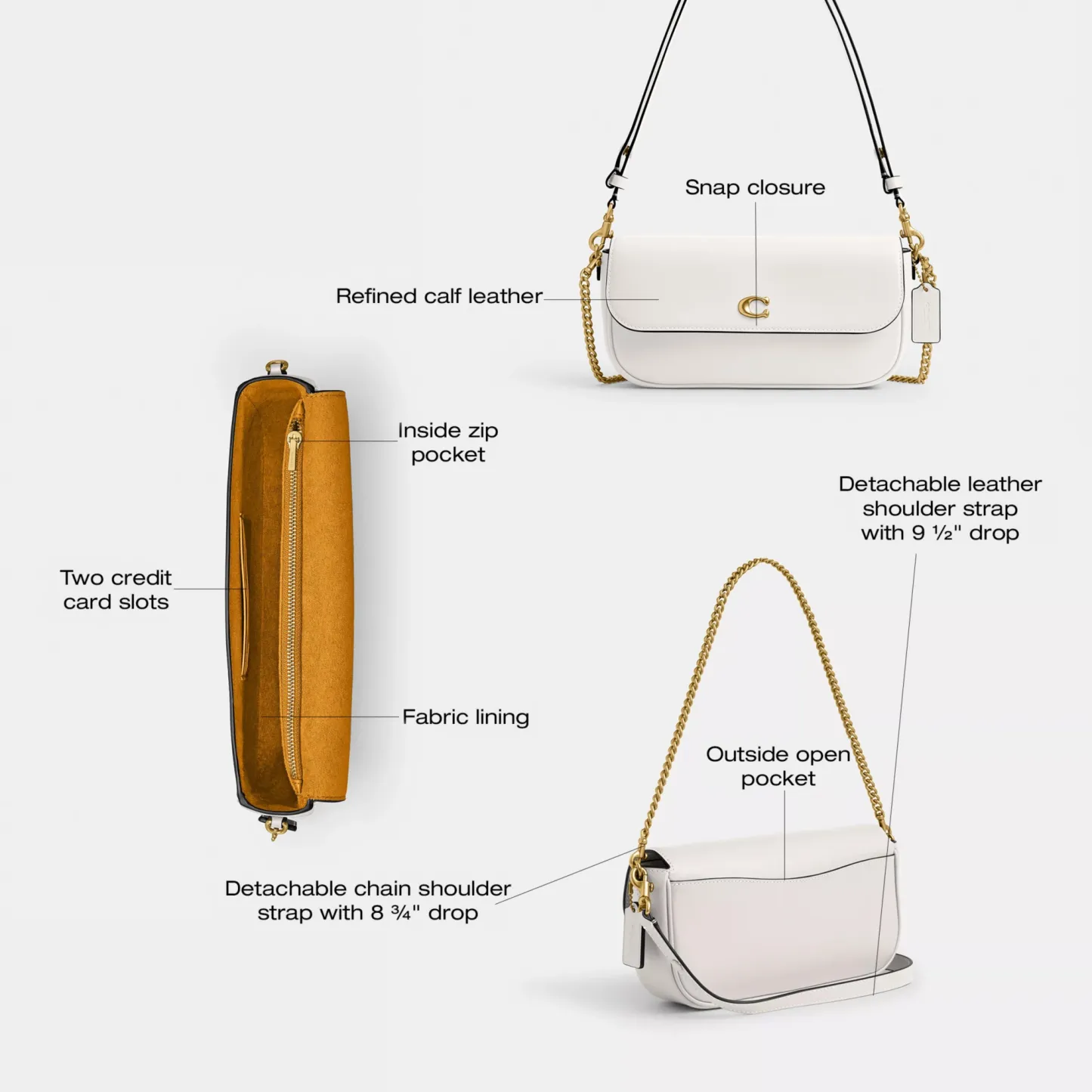 COACH®,Brook Flap Chain Bag,Calfskin Leather,Leather,Fabric,Shoulder Bag,Logo,Metal,Compact,Adjustable,Shoulder Guard,Gold...,White