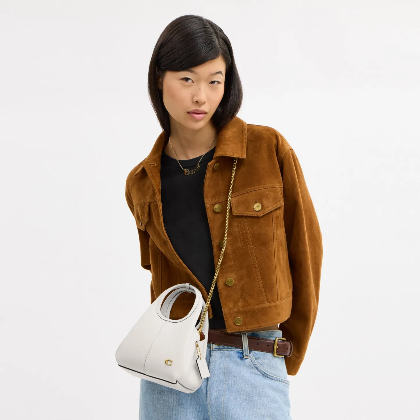 COACH®,Lana Shoulder Bag 19,Leather,Crossbody,Metal,Logo,Shoulder Guard,Brass,Casual,White,Detail View