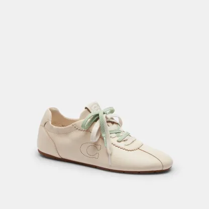 COACH®,Soft Sneaker,Rubber,Leather,Casual,Low Top,Fabric,Perforated,Logo,Pull Tab,Casual,Cream,Front View