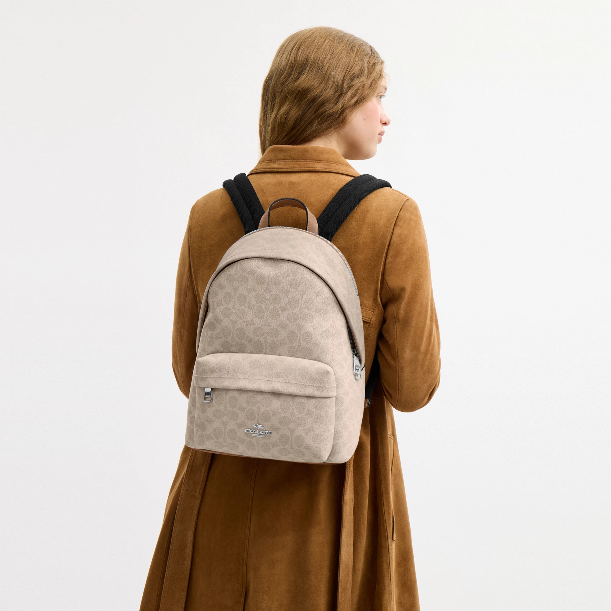 COACH®,Taylor Small Backpack In Signature Canvas,Recycled Polyester,Canvas,Backpack,Metal,Logo,Adjustable,Gold Metal,Casual,Beige,Detail View