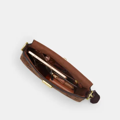 COACH®,Etta Small Flap Shoulder Bag In Signature Chenille,Leather,Fabric,Shoulder Bag,Word Embellishment,Logo,Adjustable,C...,Brown,Inside View,Top View