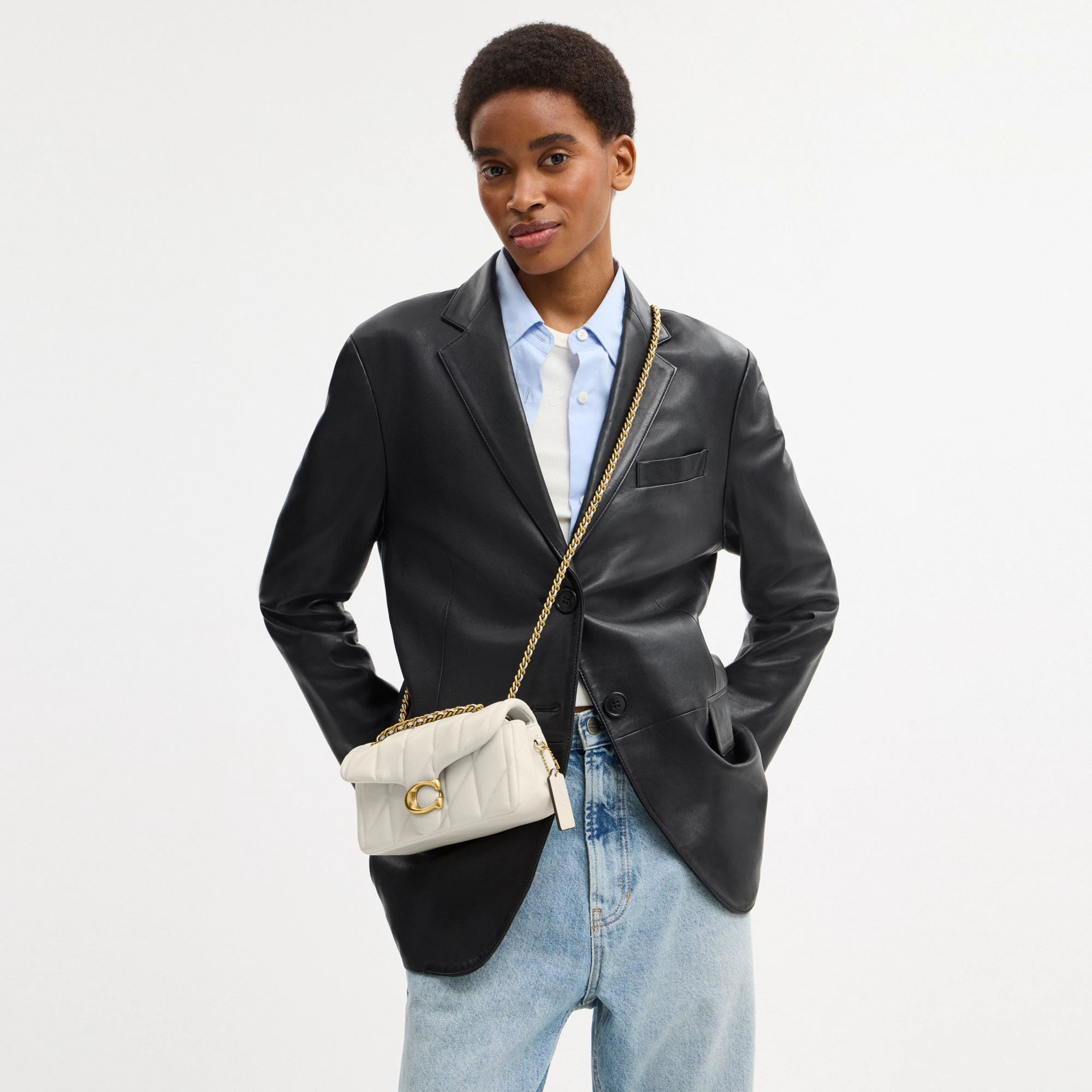 COACH®,Tabby Shoulder Bag 20 With Pillow Quilting,Leather,Shoulder Bag,Chain Detail,Embossed,Logo,Metal,Gold Metal,Day Party,White