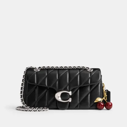 COACH®,Tabby Shoulder Bag 26 With Pillow Quilting,Leather,Shoulder Bag,Metal,Logo,Shoulder Guard,Silver Metal,Day Party,Black,Angle View
