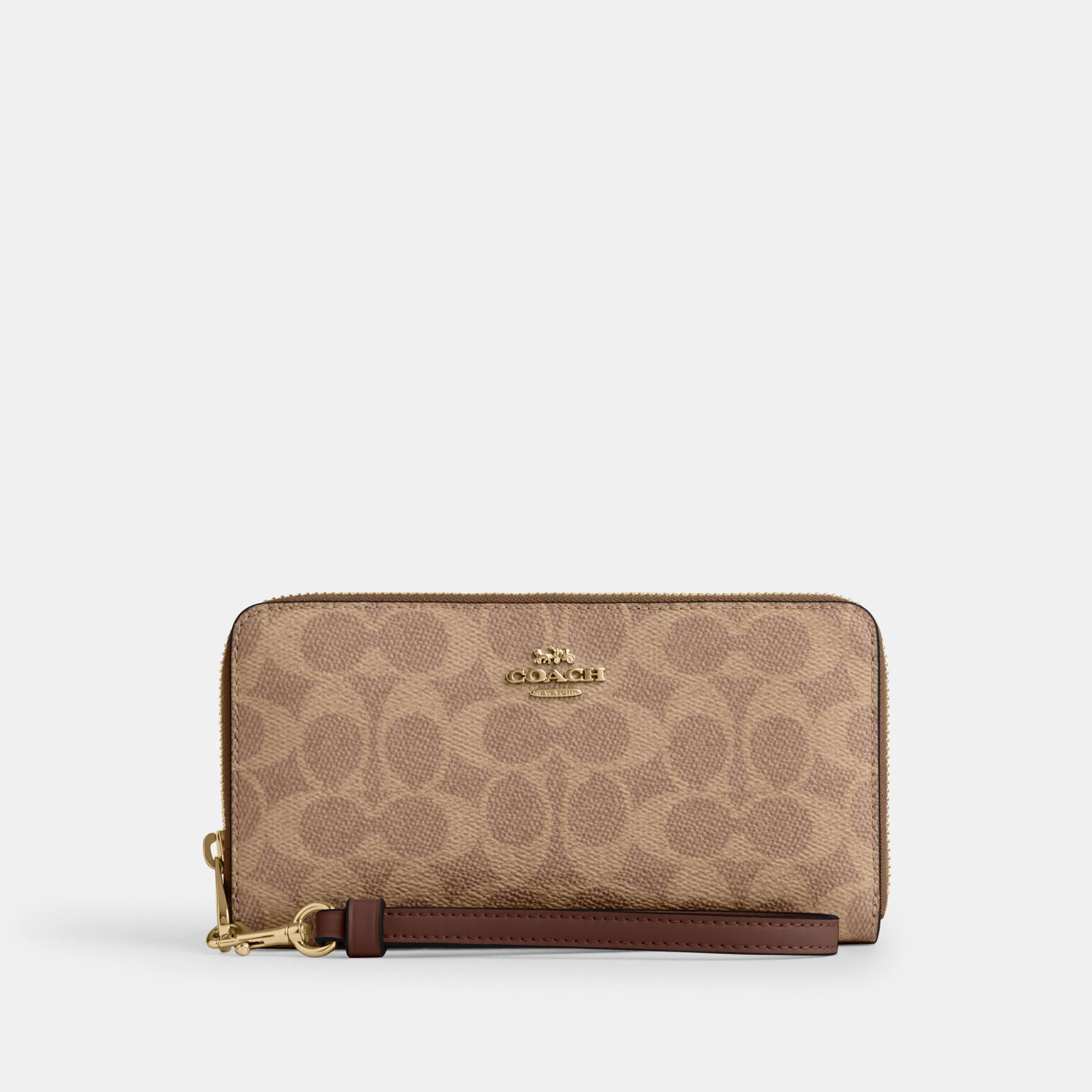 COACH®,Long Zip Around Wallet In Signature Canvas,Continental,Coin,Sustainable,Casual,Beige,Front View
