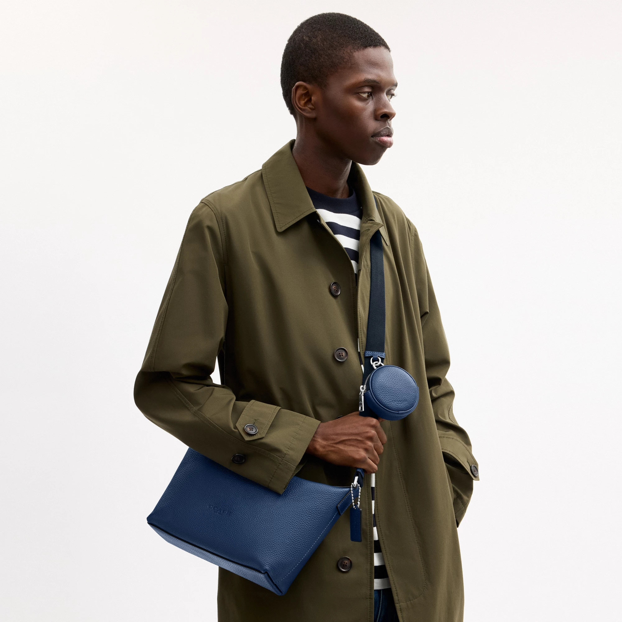 COACH®,Small Finn Crossbody Bag With Pouch,Leather,Recycled Polyester,Crossbody,Pouch,Logo,Set,Adjustable,Silver Metal,Casual,Blue,Detail View