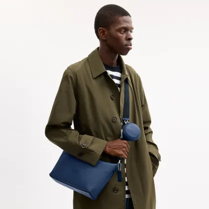 COACH®,Small Finn Crossbody Bag With Pouch,Leather,Recycled Polyester,Crossbody,Pouch,Logo,Set,Adjustable,Silver Metal,Casual,Blue,Detail View