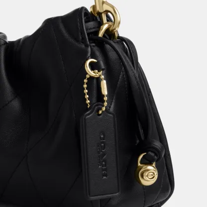 COACH®,Faye Shoulder Bag With Quilting,Shoulder Bag,Ball Embellishment,Logo,Metal,Lined,Adjustable,Gold Metal,Day Party,Black,Closer View