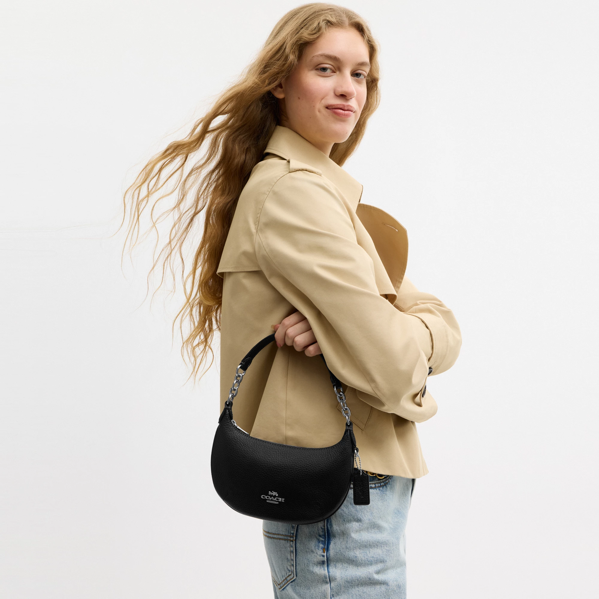 COACH®,Mini Payton Bag,Leather,Recycled Polyester,Shoulder Bag,Logo,Metal,Chain Detail,Compact,Gold Metal,Day Party,Black,Detail View