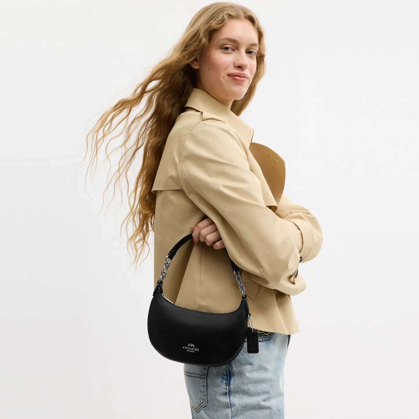 COACH®,Mini Payton Bag,Leather,Recycled Polyester,Shoulder Bag,Logo,Metal,Chain Detail,Compact,Gold Metal,Day Party,Black,Detail View