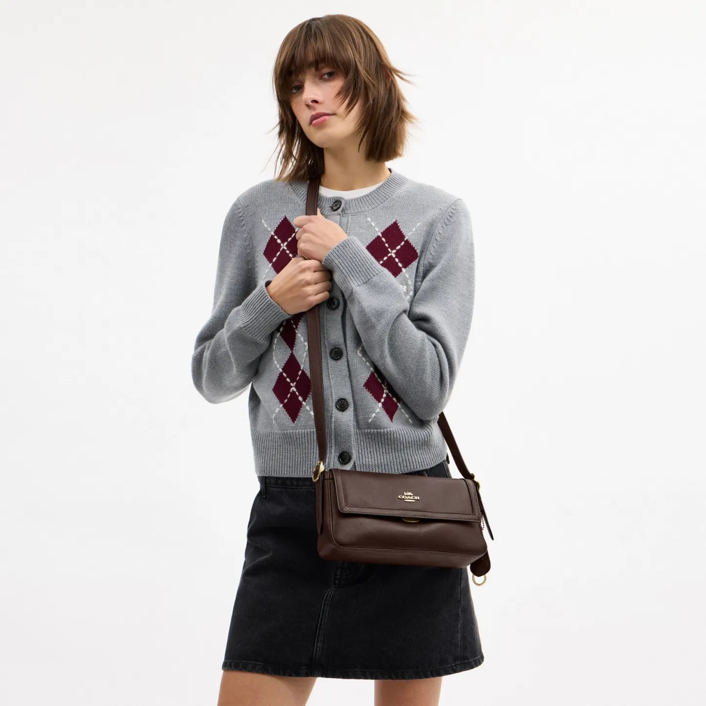 COACH®,Etta Small Flap Shoulder Bag,Leather,Fabric,Shoulder Bag,Metal,Logo,Adjustable,Compact,Lined,Gold Metal,Casual,Brown,Detail View