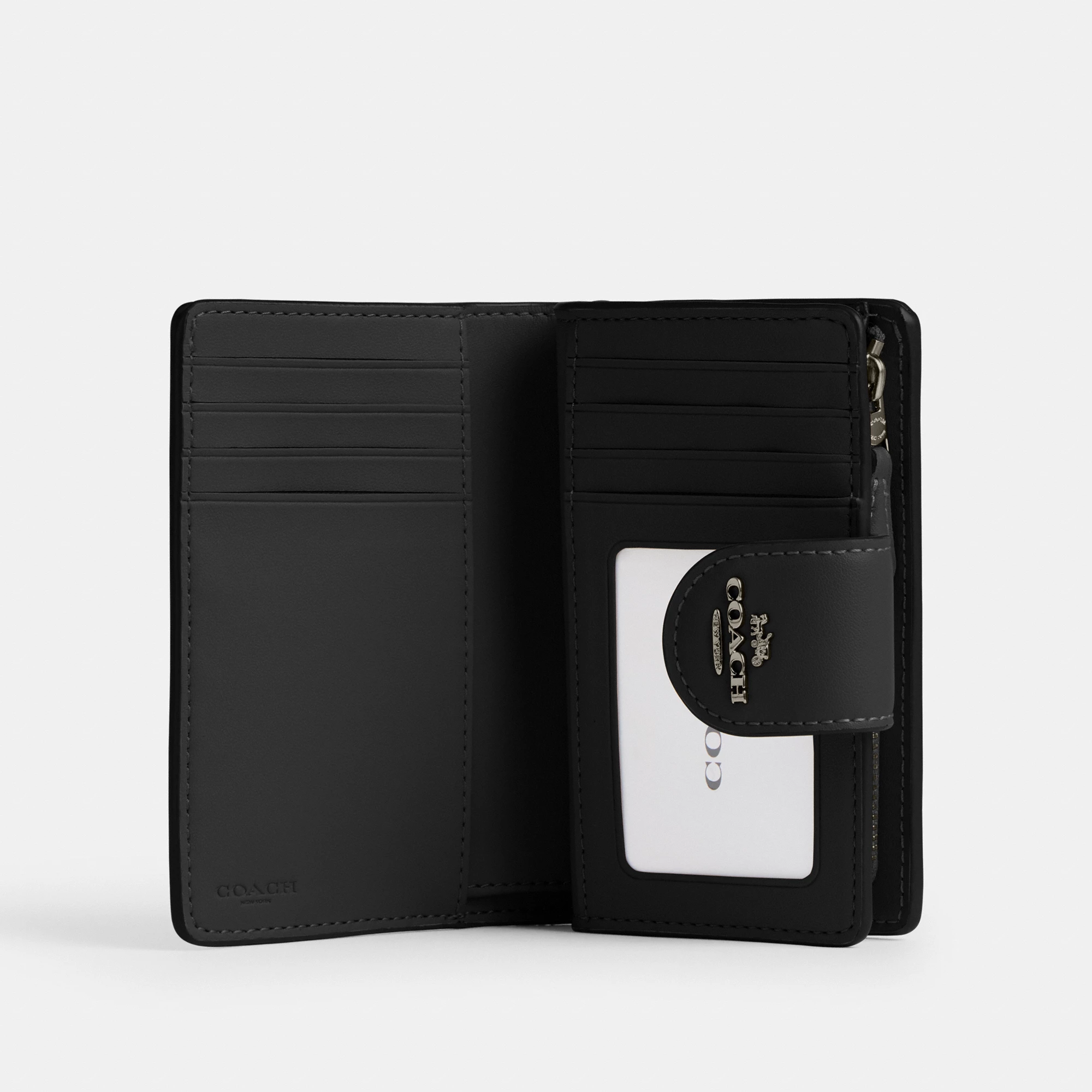 COACH®,Medium Corner Zip Wallet In Signature Canvas,Bi Fold,Coin,Sustainable,Casual,Black,Inside View,Top View