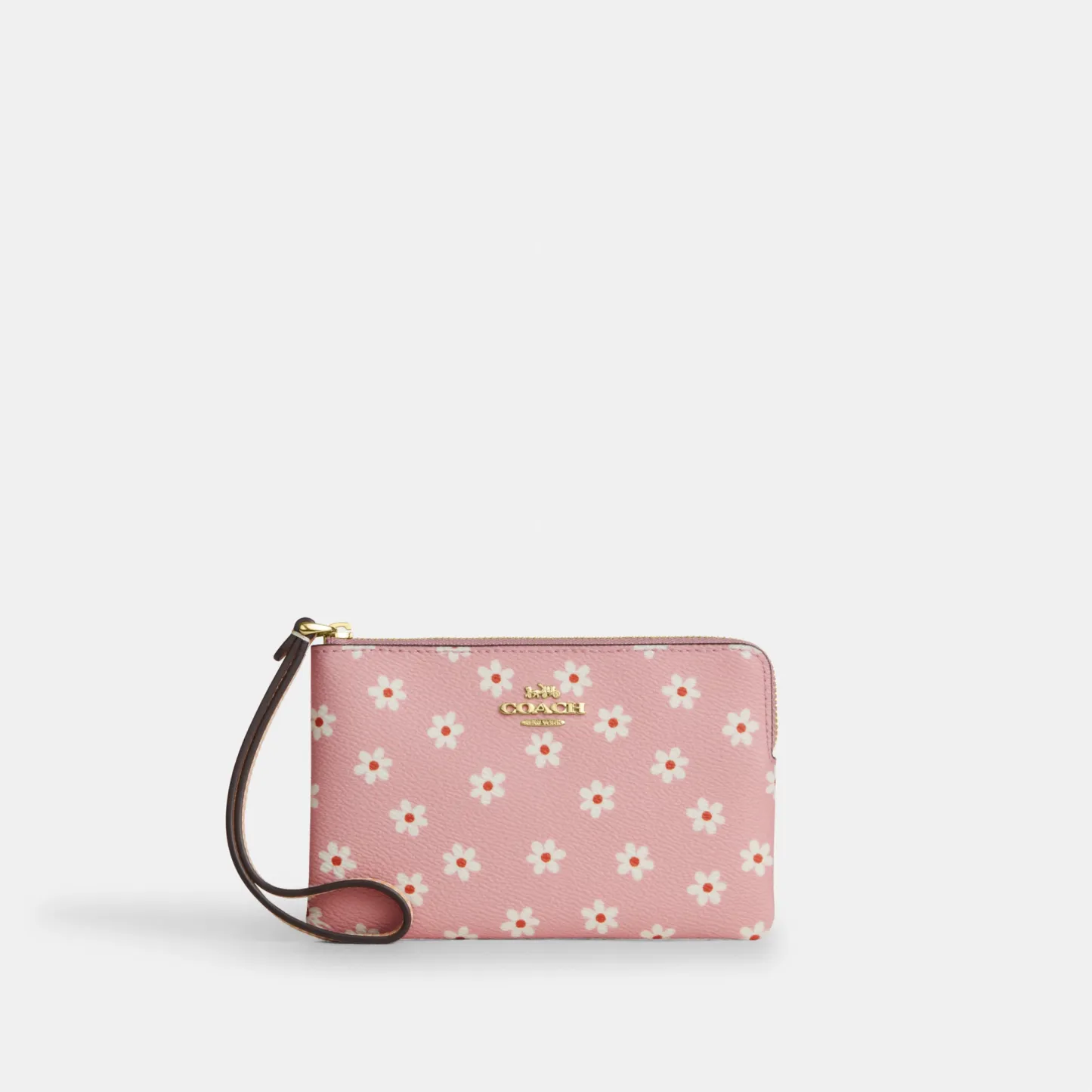 COACH®,Corner Zip Wristlet With Floral Print,Pink,Front View