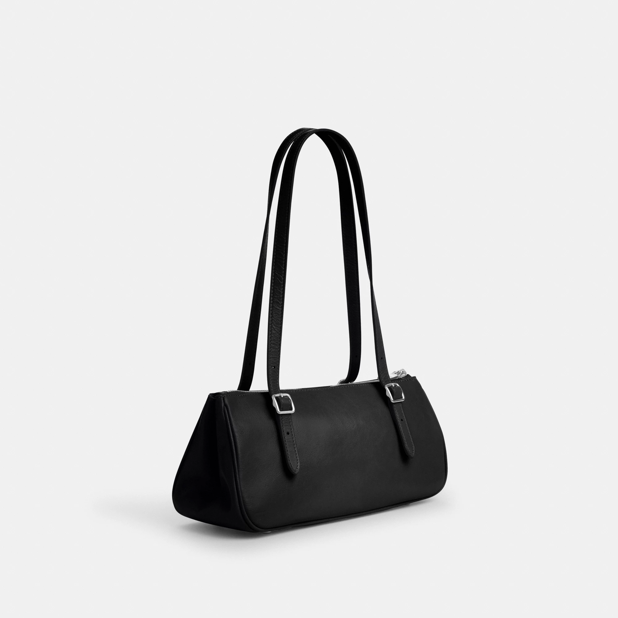 COACH®,Asher Shoulder Bag,Leather,Shoulder Bag,Logo,Metal,Luggage Tag,Adjustable,Compact,Key Ring,Lined,Silver Metal,Casual,Black,Angle View