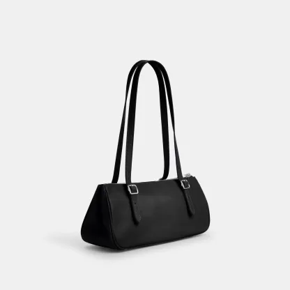 COACH®,Asher Shoulder Bag,Leather,Shoulder Bag,Logo,Metal,Luggage Tag,Adjustable,Compact,Key Ring,Lined,Silver Metal,Casual,Black,Angle View